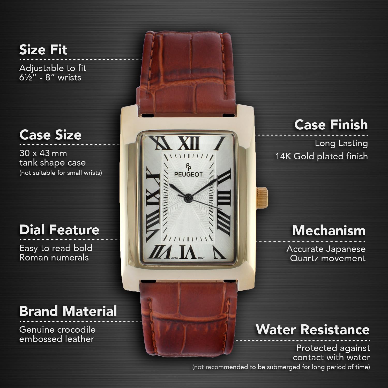 Peugeot Men's Vintage Tank Shape 14K Gold Plated Wrist Watch with